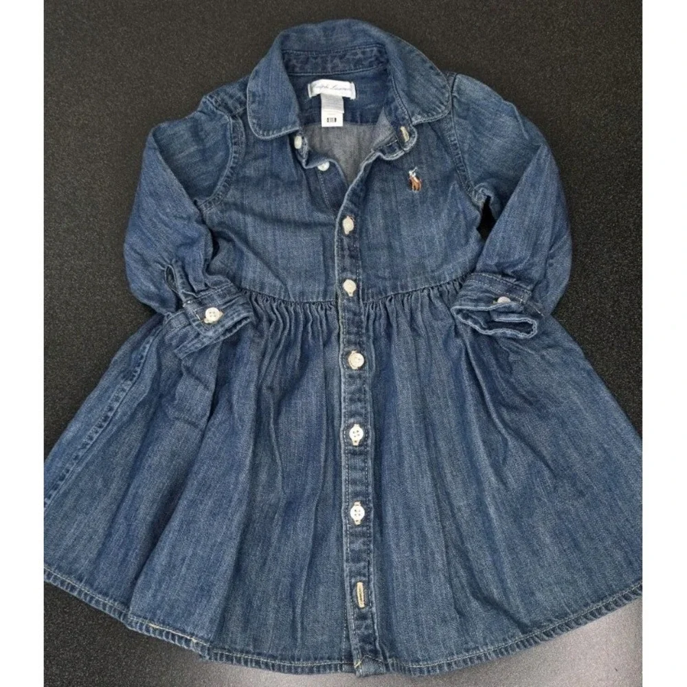 New Ralph Lauren Baby 9M Denim Long Sleeve Button Up Chambray Polo Dress Preppy
